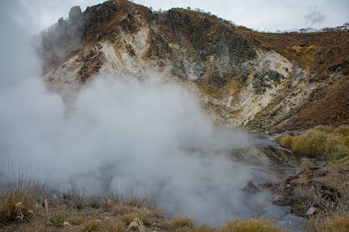 Noboribetsu Jigokudani or Hell Valley above the town of Noboribetsu Onsen, hot steam vents, sulfurous streams ,volcanic activity.