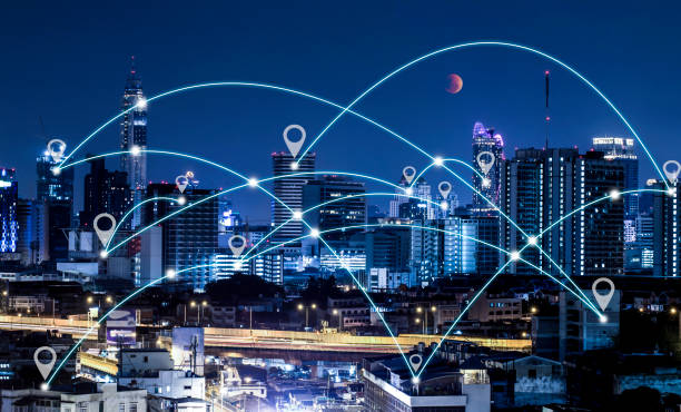 istock Location or Map pin flat above bangkok city scape night scene, network connection concept 1039022462