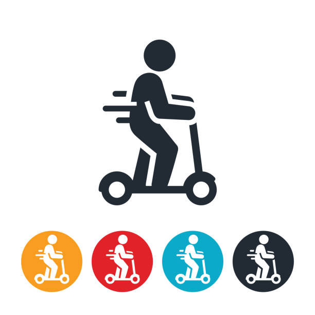 ilustraciones, imágenes clip art, dibujos animados e iconos de stock de persona a bordo de un icono de scooter eléctrico - ciclomotor