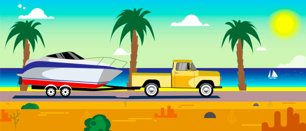 car with a boat on a trailer car with a boat on a trailer running along the sea coast boat trailer stock illustrations