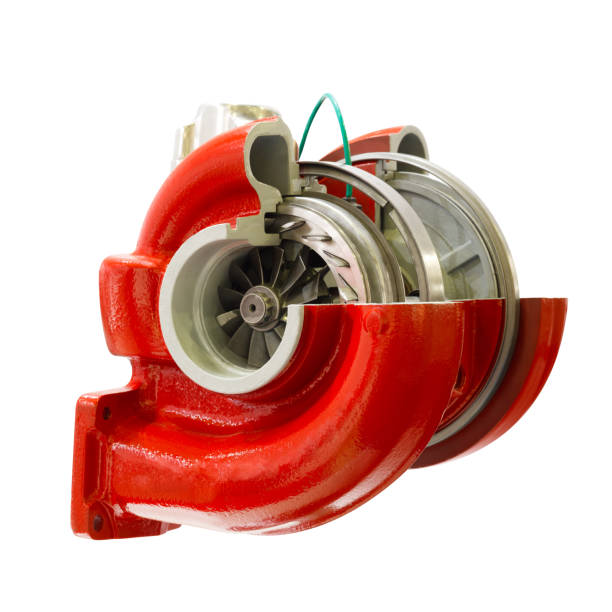 turbina do turbocompressor vermelho reparação do carro isolado no fundo branco - turbo diesel - fotografias e filmes do acervo