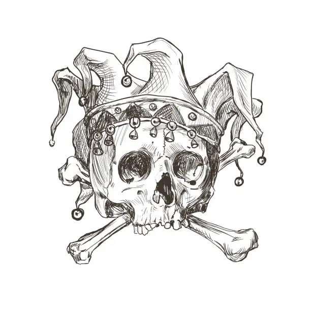 Vector illustration of Sketch of the skull of a joker in a comic cap.