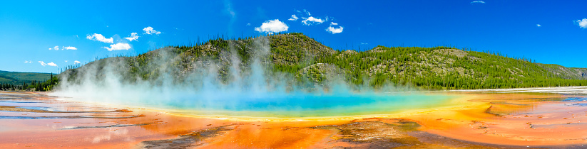I decided to shoot a panoramic image of the Grand Prismatic Spring midway geyser in Yellowstone National Park to get the entire spring in one image.