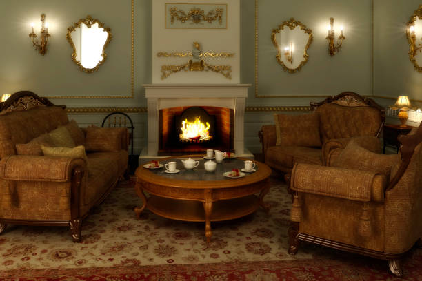 Salon Baroque Baroque Salon - 3d visiualization drywall fireplace stock pictures, royalty-free photos & images