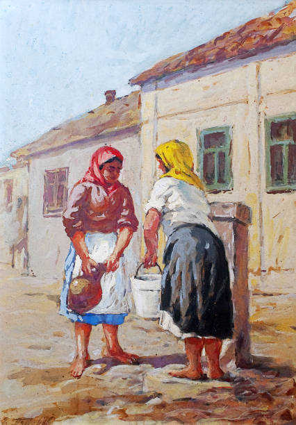 Oil painting - Women carrying water from the well Oil painting showing women carrying water from the well in the middle of the street. old water well drawing stock illustrations