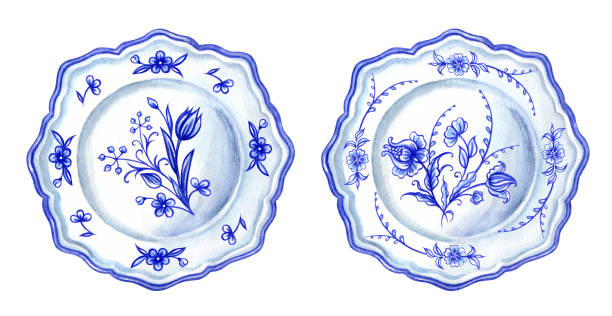 illustrazioni stock, clip art, cartoni animati e icone di tendenza di due piatti con motivo floreale blu - plate delft dutch culture blue
