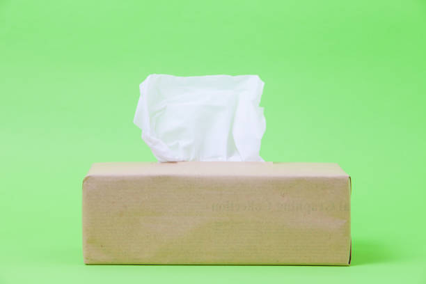 istock Eco box paper tissues with one sticking from the top on green background 1039138328