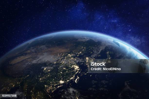 Asia At Night From Space With City Lights Showing Human Activity In China Japan South Korea Taiwan And Other Countries 3d Rendering Of Planet Earth Elements From Nasa Stock Photo - Download Image Now