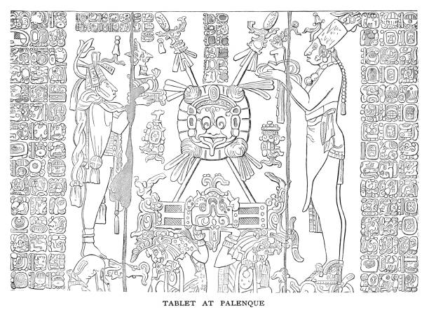 ilustraciones, imágenes clip art, dibujos animados e iconos de stock de tablet en palenque - dibujos aztecas