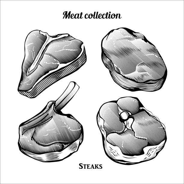 ilustraciones, imágenes clip art, dibujos animados e iconos de stock de colección de grabado de carne de ternera - pork chop illustrations