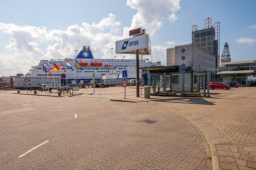 IJmuiden, The Netherlands - Sep 02, 2018 : Ferry terminal in the harbor of IJmuiden, Netherlands. Ferry is almost ready to leave for Newcastle, UK. Trucks are waiting to get shipped.