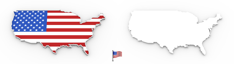 High detailed white silhouette of USA map and national flag