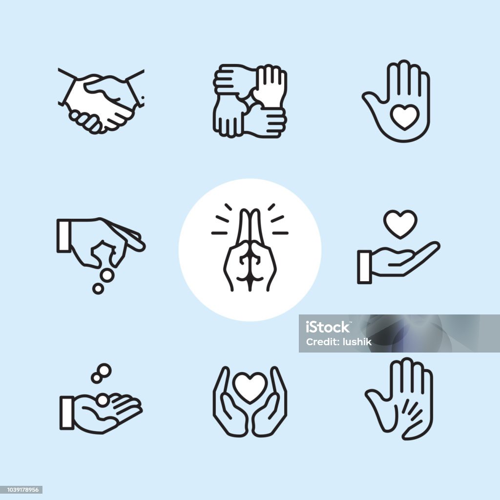 Donation Gesture - outline icon set Charity & Donation Gesture / 9 Outline style Pixel Perfect icons / Set #24

First row of icons contains:
Handshake, Holding hands (Mutual support), Hand with heart (Volunteer).

Second row contains:
Donation icon (Giving hand), Praying Hands, Heart on Hand; 

Third row contains:
Handful receiving coins, Heart Protecting Hands (Love and care), Holding child's hand (High five).

Pixel Perfect Principle - all the icons are designed in 64x64px grid, outline stroke 2px. Complete "Outline 3x3 Blue" collection - https://www.istockphoto.com/collaboration/boards/eKCvfOhp3E-XZOE0AIzWqg Icon stock vector