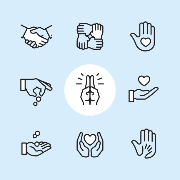 Donation Gesture - outline icon set Charity & Donation Gesture / 9 Outline style Pixel Perfect icons / Set #24

First row of icons contains:
Handshake, Holding hands (Mutual support), Hand with heart (Volunteer).

Second row contains:
Donation icon (Giving hand), Praying Hands, Heart on Hand; 

Third row contains:
Handful receiving coins, Heart Protecting Hands (Love and care), Holding child's hand (High five).

Pixel Perfect Principle - all the icons are designed in 64x64px grid, outline stroke 2px. Complete "Outline 3x3 Blue" collection - https://www.istockphoto.com/collaboration/boards/eKCvfOhp3E-XZOE0AIzWqg charitable donation illustrations stock illustrations