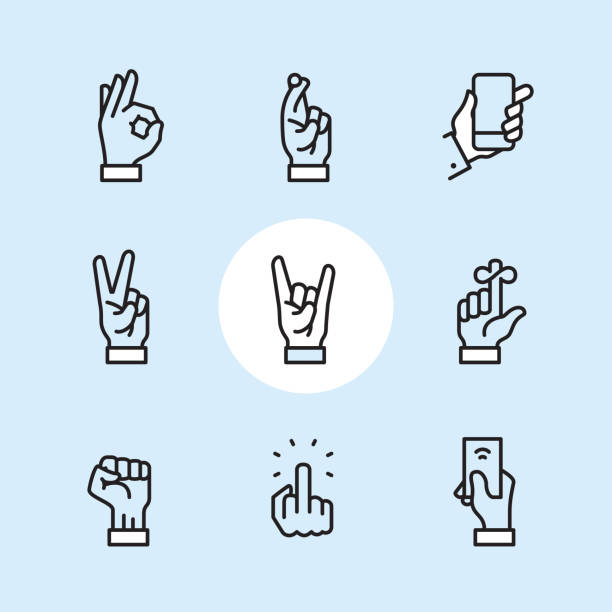 Gesture - outline icon set Gesture / 9 Outline style Pixel Perfect icons / Set #27

First row of icons contains:
OK Sign, Fingers Crossed, Holding the phone;

Second row contains:
Peace Sign - Gesture, Horn Sign, Reminder (String Tied To Finger); 

Third row contains:
Raised Fist (resistance), Obscene Gesture, Holding Contactless Card.


Pixel Perfect Principle - all the icons are designed in 64x64px grid, outline stroke 2px. Complete "Outline 3x3 Blue" collection - https://www.istockphoto.com/collaboration/boards/eKCvfOhp3E-XZOE0AIzWqg fingers crossed illustrations stock illustrations