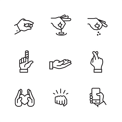 First row of icons contains:
Pinch icon (index and thumbs), Hand pulling a string, Sprinkle hand.

Second row contains:
Bandaged index finger, Open hand, Fingers Crossed Gesture; 

Third row contains:
Handful heart (Protecting), Punch (oncoming fist), Holding the phone.

9 Outline style black and white icons / Set #25
Pixel Perfect Principle - all the icons are designed in 64x64 px grid, outline stroke 2 px.

Complete Outline 3x3 PRO collection - https://www.istockphoto.com/collaboration/boards/hyo8kGplAEWxASfzDWET0Q