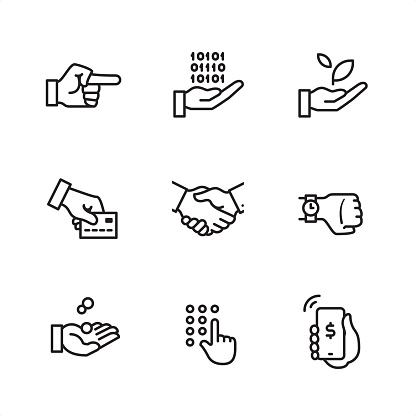 Business Gesture theme related outline vector icon set.

CONTENT BY ROWS

First row of icons contains:
Pointing Hand, Computing in Hand, Sprout in Hand;

Second row contains:
Credit card on hand, Handshake, Watch on hand; 

Third row contains:
Coins in Hand, Code entering Hand, Mobile Payment.


9 Outline style black and white icons / Set #28
Pixel Perfect Principle - all the icons are designed in 64x64 px grid, outline stroke 2 px.

Complete Outline 3x3 PRO collection - https://www.istockphoto.com/collaboration/boards/hyo8kGplAEWxASfzDWET0Q