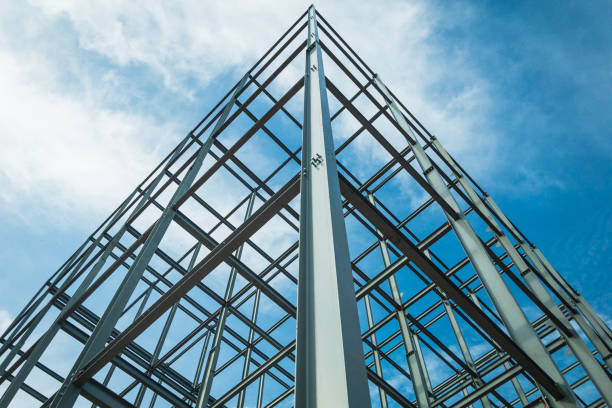 Structure of steel for building construction on sky background.