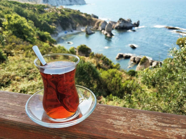 Turkish tea with sea background