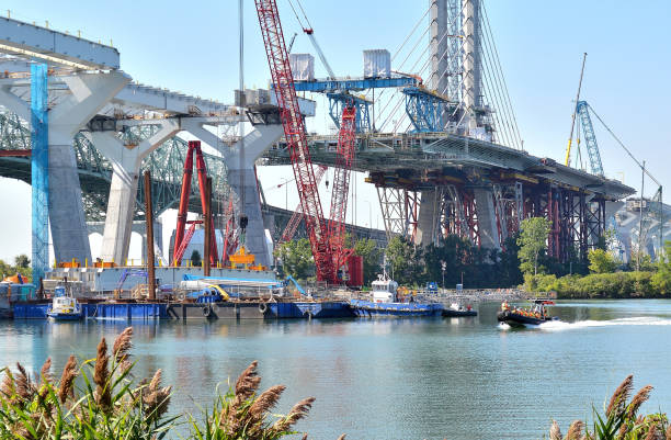 Transportation, " the New Champlain Bridge, Sept. 2018, Workers Arrive " stock photo
