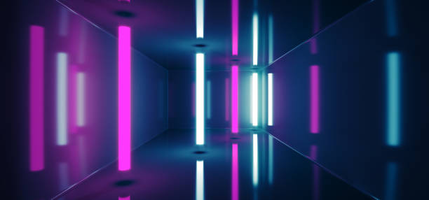 istock Sci-Fi Modern Dark Empty Clean Reflective Room With Bunch Ice Blue And Purple Glowing Lights And Empty Space 3D Rendering 1039198418