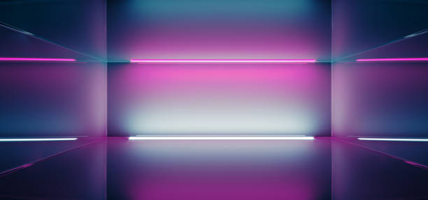 istock Sci-Fi Modern Dark Empty Clean Reflective Room With Bunch Ice Blue And Purple Glowing Lights And Empty Space 3D Rendering 1039198486
