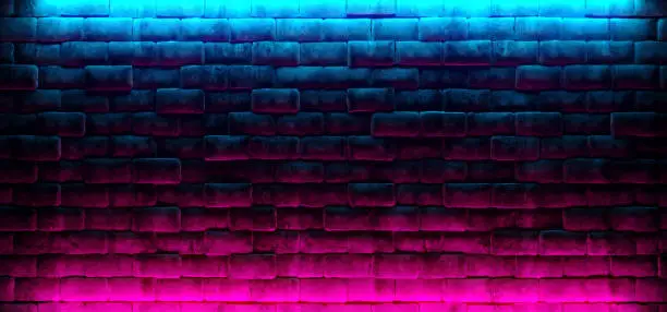 Modern Futuristic Neon Club Purple And Blue Lighted Empty Space Old Grunge Stone Bricked Detailed Wall In Room Wallpaper Background 3D Rendering Illustration