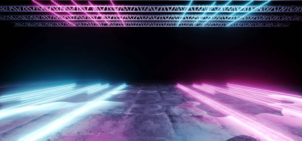 istock Modern Abstract Sci Fi Futuristic Stage Construction With Neon Glowing Purple And Blue Lights On Concrete Wet Reflection Floor Empty Wallpaper 3D Rendering 1039199492