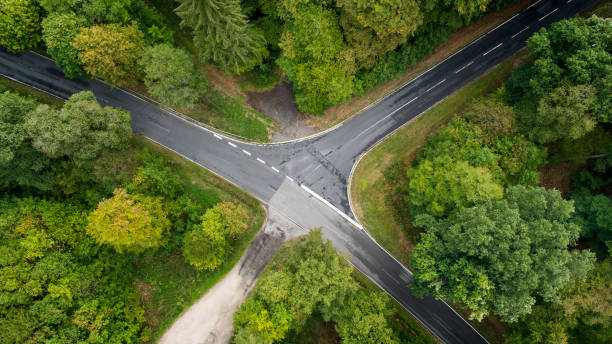 istock Road intersection in the forest - aerial view 1039216062