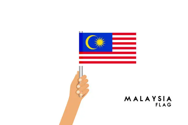 Vector illustration of Vector cartoon illustration of human hands hold Malaysia flag. Isolated object on white background.