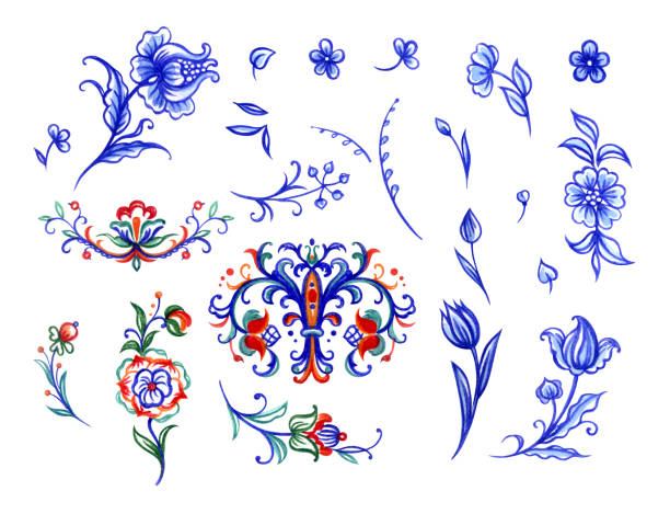 illustrazioni stock, clip art, cartoni animati e icone di tendenza di set di motivi in uno stile folk tradizionale - plate delft dutch culture blue