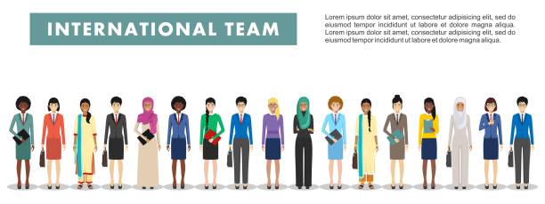 ilustrações de stock, clip art, desenhos animados e ícones de group of business women standing together on white background in flat style. business team and teamwork concept. different nationalities and dress styles. flat design people characters. - people in a row people business isolated