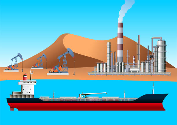 ilustrações de stock, clip art, desenhos animados e ícones de oil tanker, pump jack, drilling rig and refinery. oil and gas production facilities - oil rig oil industry sea mining