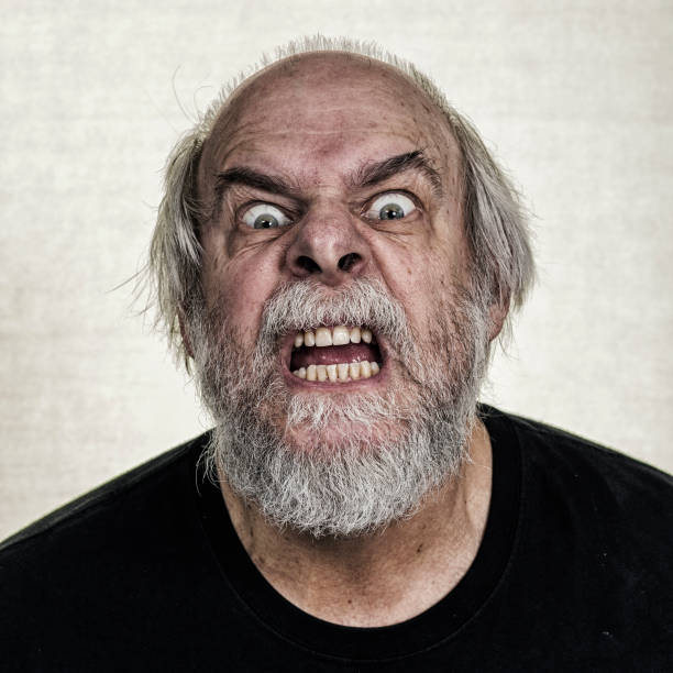 An ominous, bizarre, demented, humorous (sort of...), furious, and seriously disturbed senior adult man is staring wildly at the camera. He is sneering with mouth open and his teeth apparently ready to snap and bite. He has long stringy, tousled gray hair on the sides of his head, with sparse patches of short hair thinly scattered across the top of his balding head.