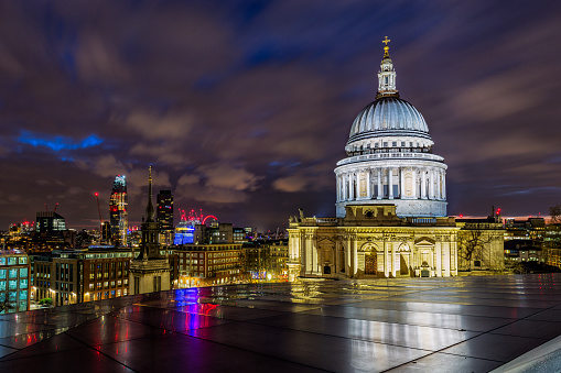 London, UK - March 2018: View of St. Paul's Cathedral and London's skyline at nightfall
