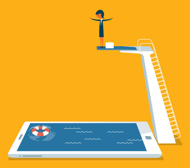 businesswoman on springboard Isometric businesswoman on springboard ready to jump in the smartphone pool diving into pool stock illustrations