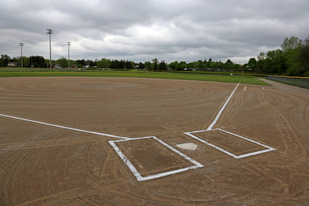 campo da baseball nuvoloso - baseballs baseball grass sky foto e immagini stock