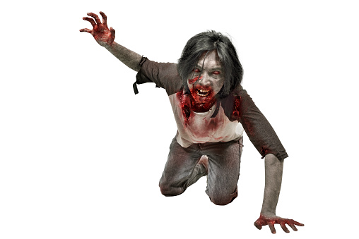 Scary zombie man crawling with bloody mouth isolated over white background