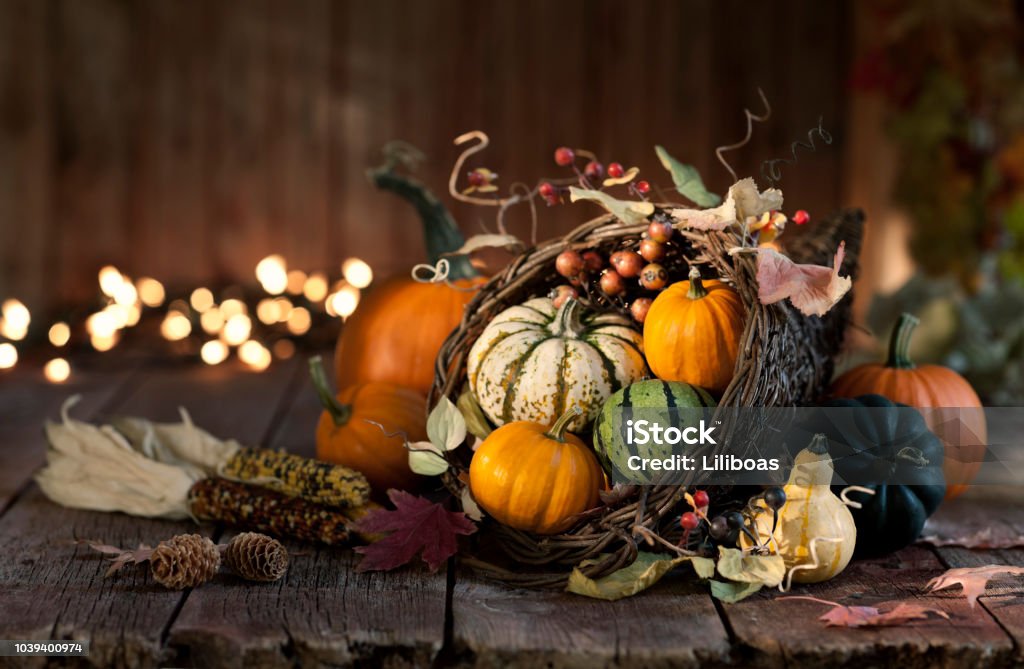 Thanksgiving autumn harvest pumpkin cornucopia Thanksgiving - Holiday Stock Photo