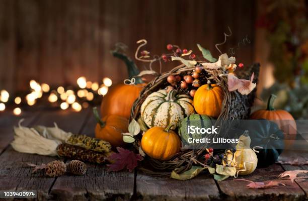 Thanksgiving Autumn Harvest Pumpkin Cornucopia Stock Photo - Download Image Now - Thanksgiving - Holiday, Backgrounds, Autumn