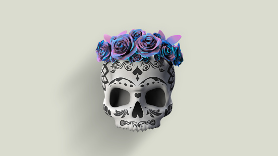 3D illustration, mexican skull with blue roses. Day of the dead Mexican holiday.