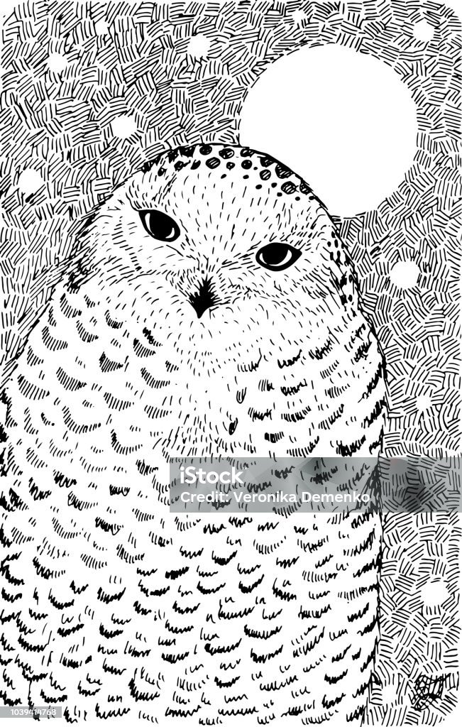White polar owl - ink graphic drawing with wildlife. Bird and moon art. Coloring page. Vector illustration. Line Art stock vector