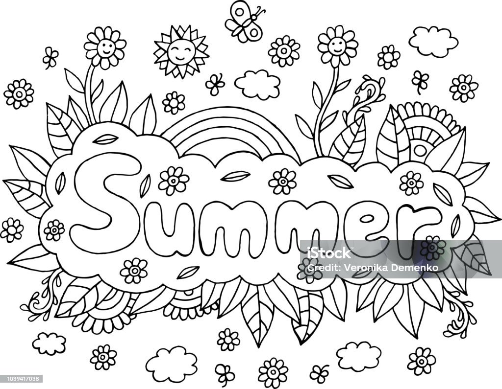 Malvorlagen für Erwachsene mit Mandala und Sommer Wort. Doodle Schriftzug Tinte Umriss Kunstwerk. Vektor-Illustration. - Lizenzfrei Sommer Vektorgrafik