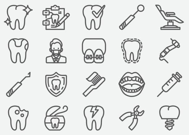 illustrazioni stock, clip art, cartoni animati e icone di tendenza di icone delle linee dentali - dentists chair immagine