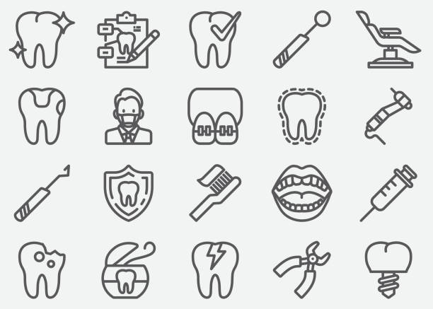 ikony linii dentystycznej - dental hygiene prosthetic equipment dentist office dental equipment stock illustrations