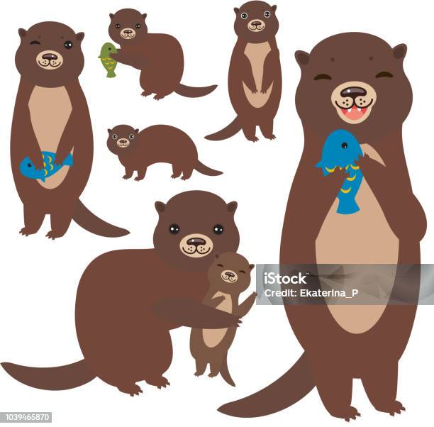 Funny Brown Otter Collection On White Background Kawaii Vector Stock Illustration - Download Image Now