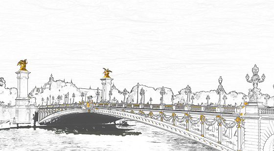 Sketch illustration of Pont Alexandre III on Seine River with Petit Palais in background - Paris France