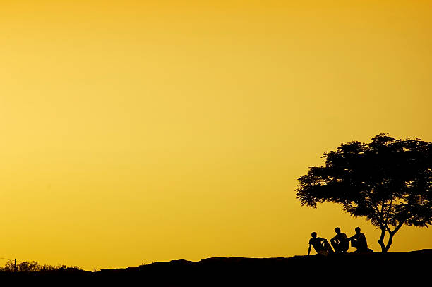 istock silhouette of three man sitting beside a tree in sunset 103947217
