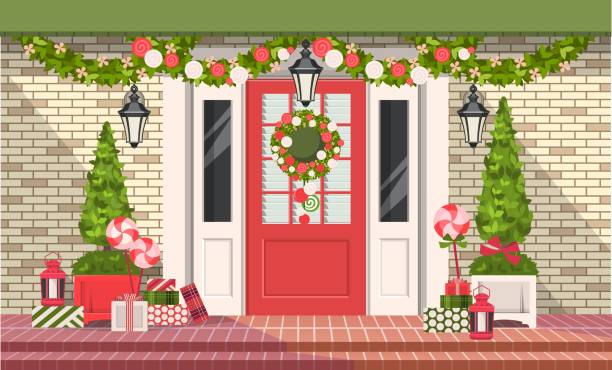 문의 크리스마스 장식 - christmas gate wreath house stock illustrations