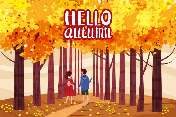 Vector illustration of Hello autumn, Autumn alley, couple guy and girl characters walking along the path in the park, fall, autumn leaves, mood, color, vector, illustration, cartoon style, isolated